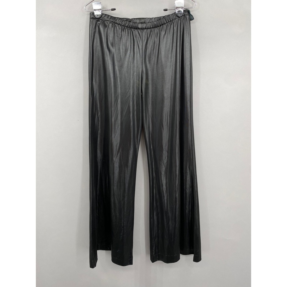 Vintage 70s Liquid Metal Metallic Wide‎ Leg Pants Women M L Black Shiny Disco